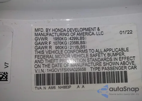 2022 Honda Accord Ex-L from USA, damaged, VIN 1HGCV1F5XNA025658